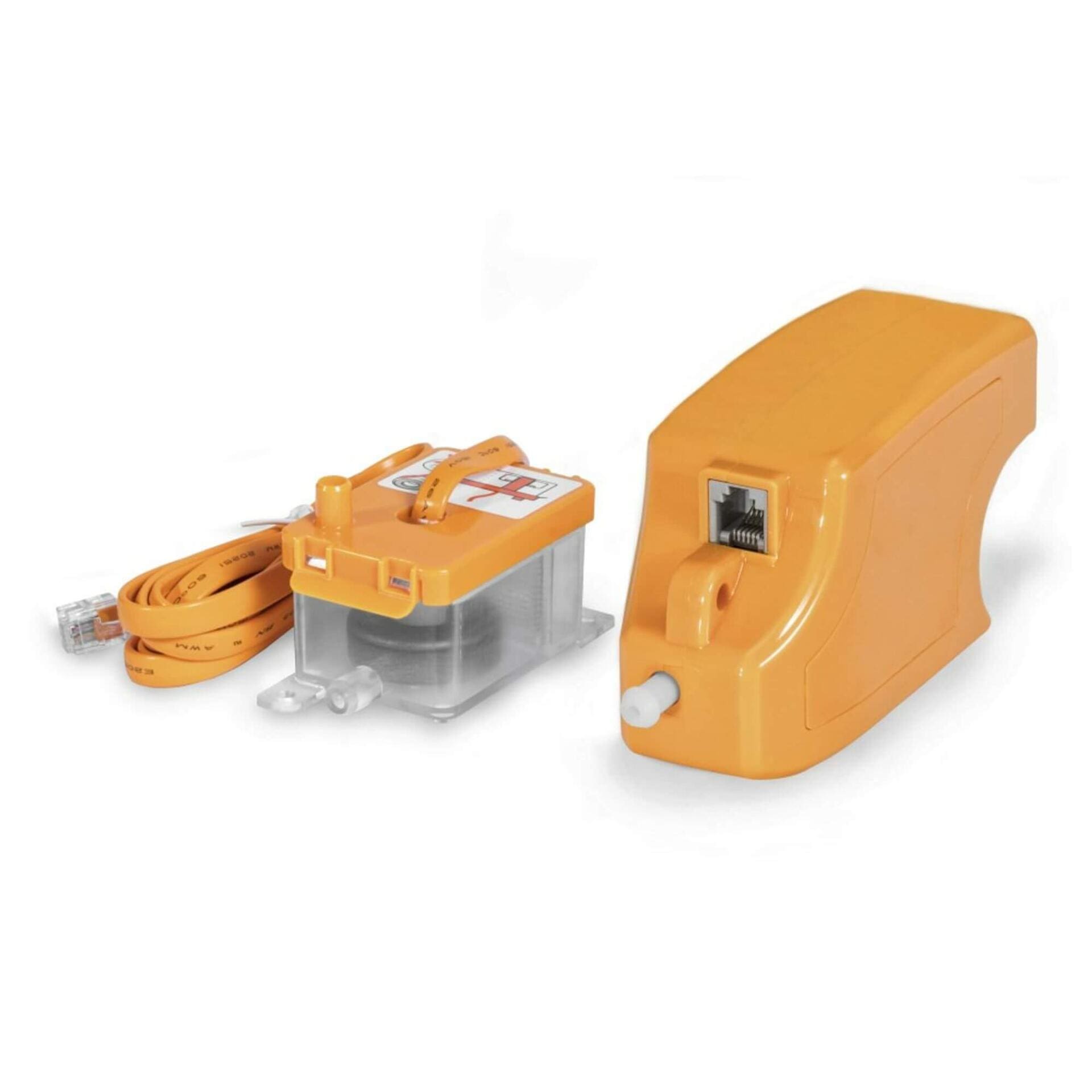 Kondensatpumpe DH 60: Orangefarbene Pumpe mit Kabel und transparentem Behälter. Ideal für Klimaanlagen und Heizsysteme. Effiziente Entwässerung.