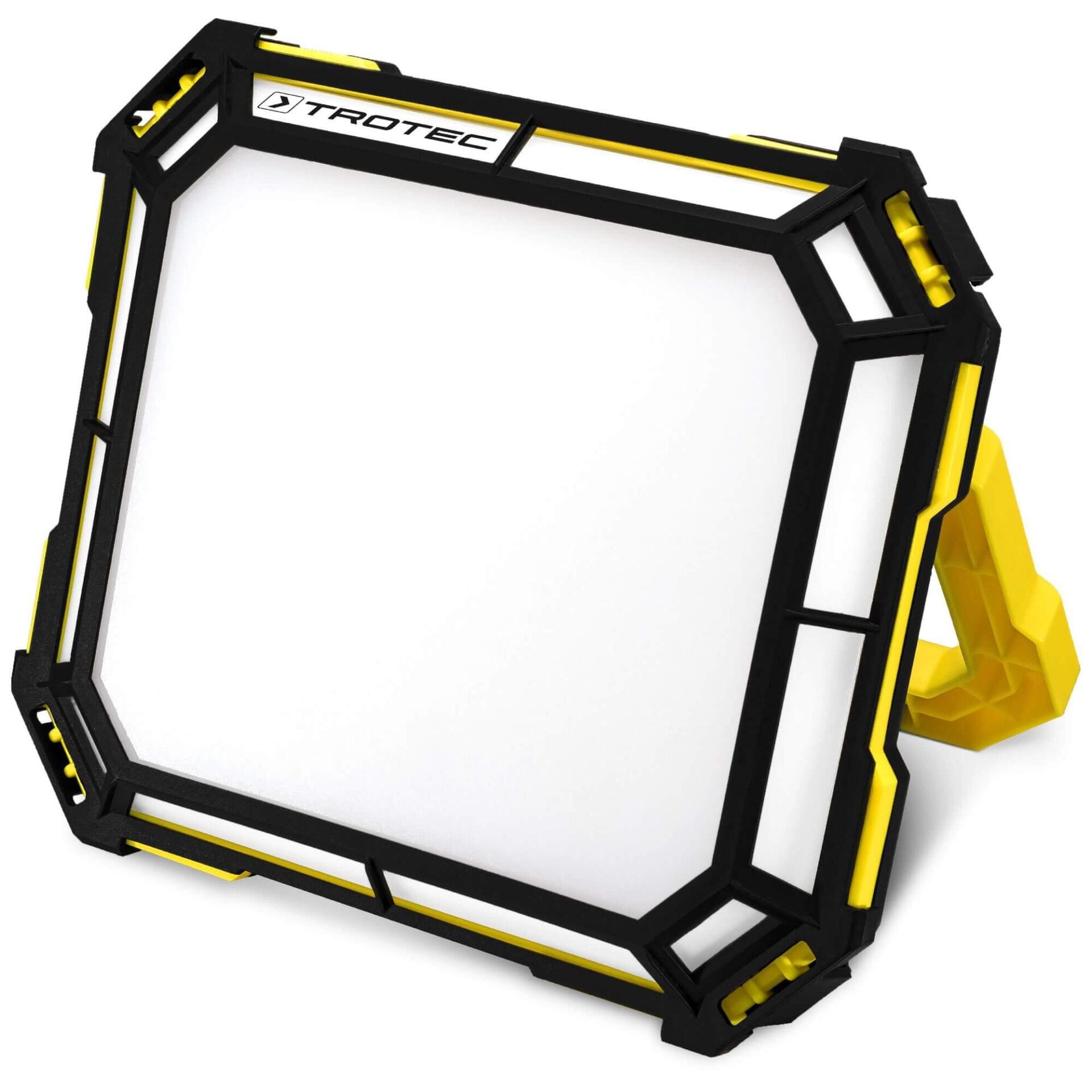 LED-Baustrahler PWLS 10-50S: Robuster, tragbarer LED Strahler mit schwarzem Rahmen und gelbem Standfuß für Baustellen und Werkstätten. Trotec.