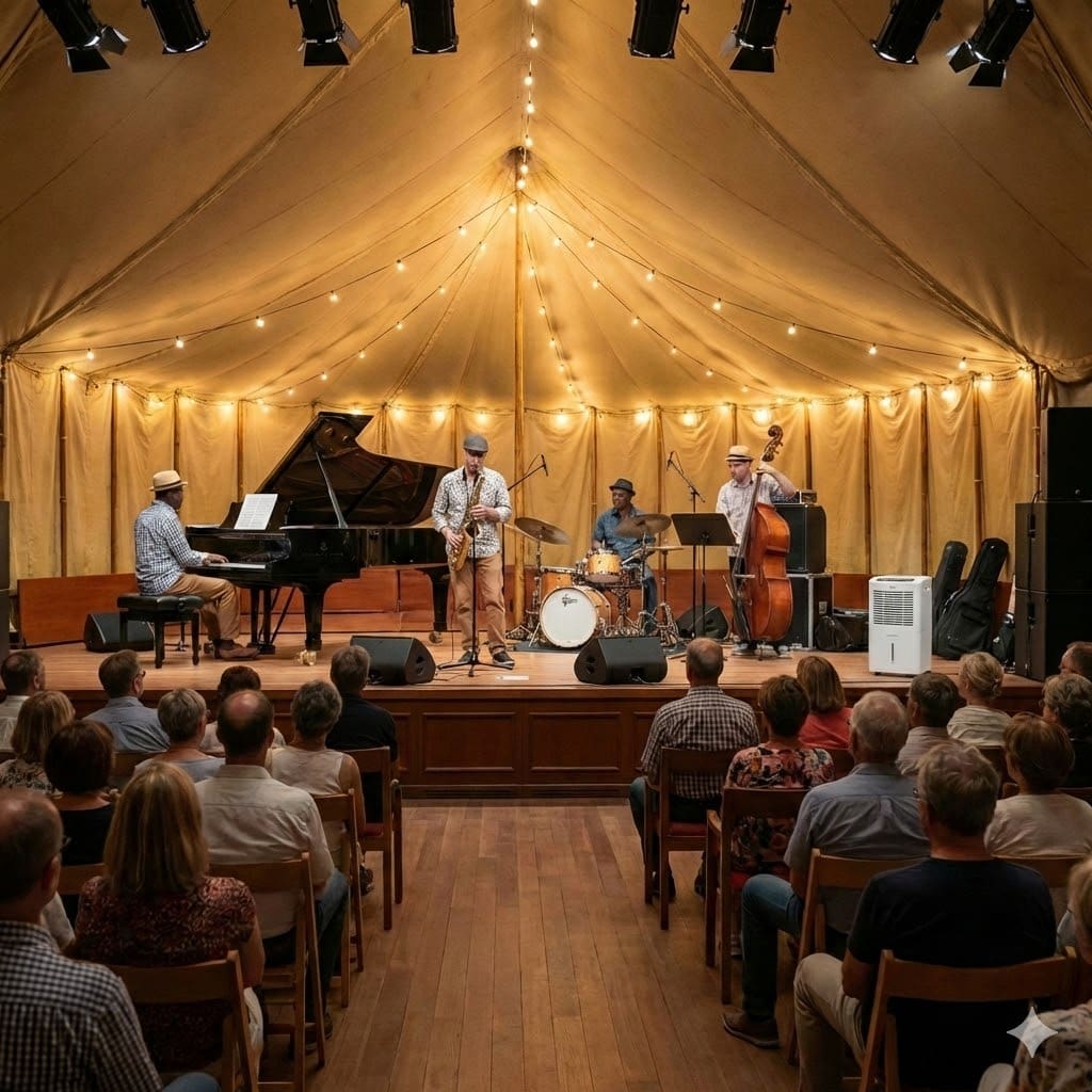 Jazz-Festival mit Klavier, Saxophon, Bass und Schlagzeug auf der Bühne. Luftbefeuchter schützt Instrumente. Konzertatmosphäre mit Publikum.