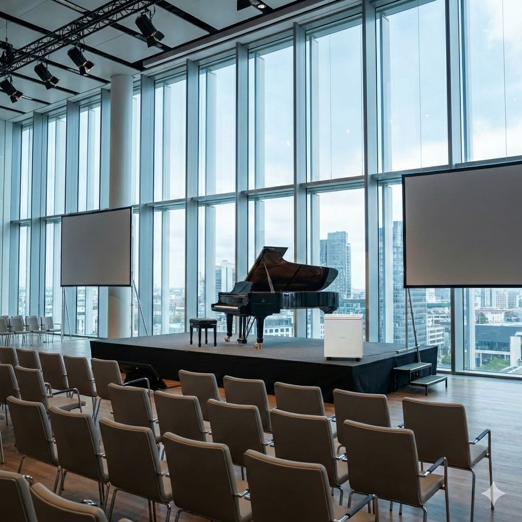 Konzertsaal mit Klavier auf Bühne, Luftbefeuchter im Vordergrund. Perfekt für Klavierkonzerte. Luftbefeuchter Klavier für ideale Luftfeuchtigkeit.