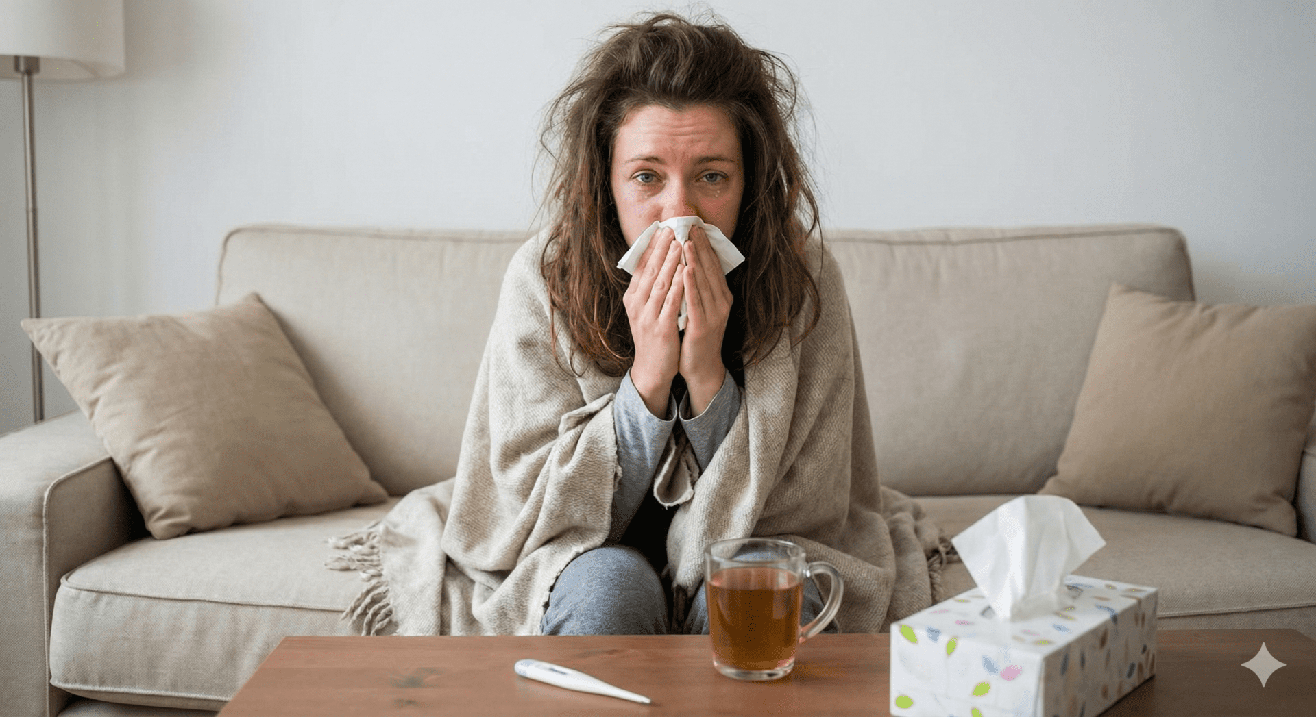 Frau mit Erkältungssymptomen, die sich in eine Decke gehüllt hat. Luftreiniger gegen Viren helfen bei Grippe, Corona & Erkältung. GALuft.