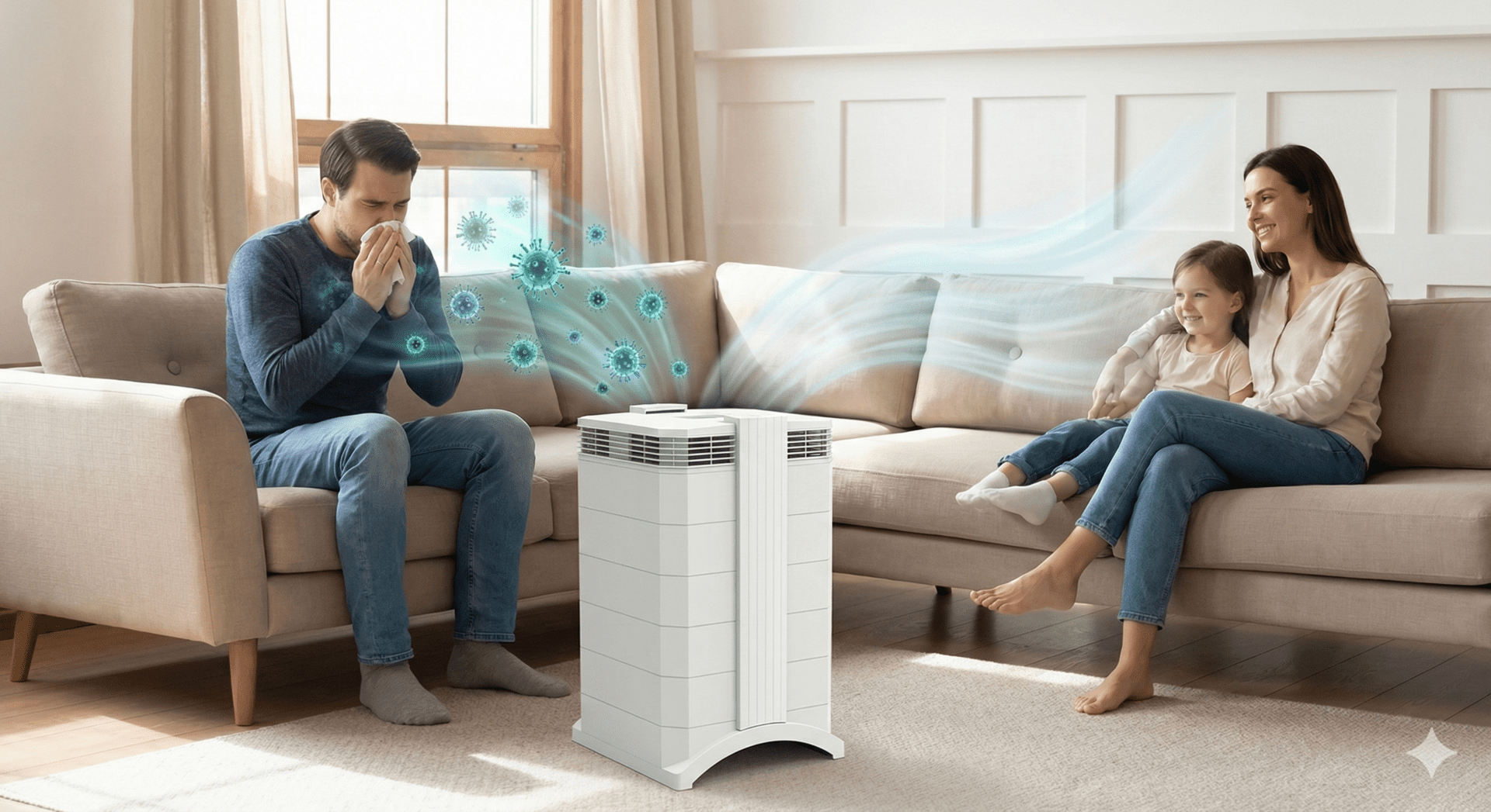 GALuft Luftreiniger gegen Viren und Erkältung. Mann niest, während Familie geschützt sitzt. Ideal für Grippe, Corona Schutz in Deutschland.