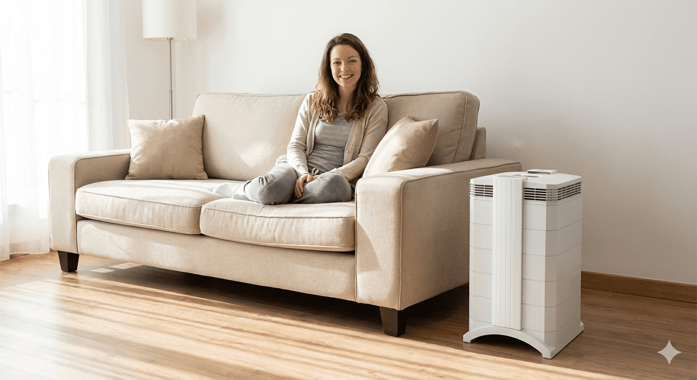 Luftreiniger gegen Viren im Einsatz: Frau entspannt auf Sofa neben GALuft Luftreiniger. Schutz vor Grippe, Corona & Erkältung in Deutschland.