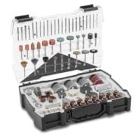 282-teiliges Multifunktionswerkzeug-Zubehörset in geöffnetem Werkzeugkoffer. Ideal zum Schleifen, Polieren u.v.m. für Heimwerker & Profis.