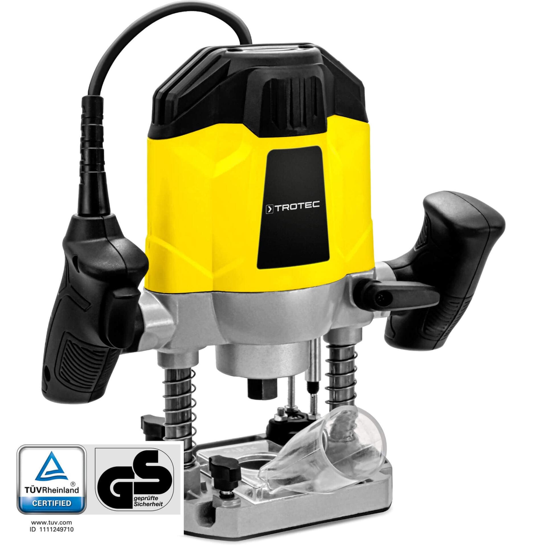 Trotec Oberfräse PRTS 10-1200 im Detail: Gelb-schwarzes Gehäuse, präzise Fräsarbeiten für Holzbearbeitung. Ideal für Heimwerker & Profis!