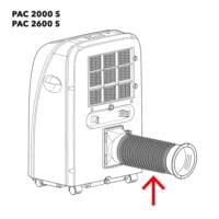 PAC 2000 S / PAC 2600 S Abluftschlauch 150 mm Detailansicht. Illustration zeigt Abluftschlauch an Klimagerät. Ideal für SEO.
