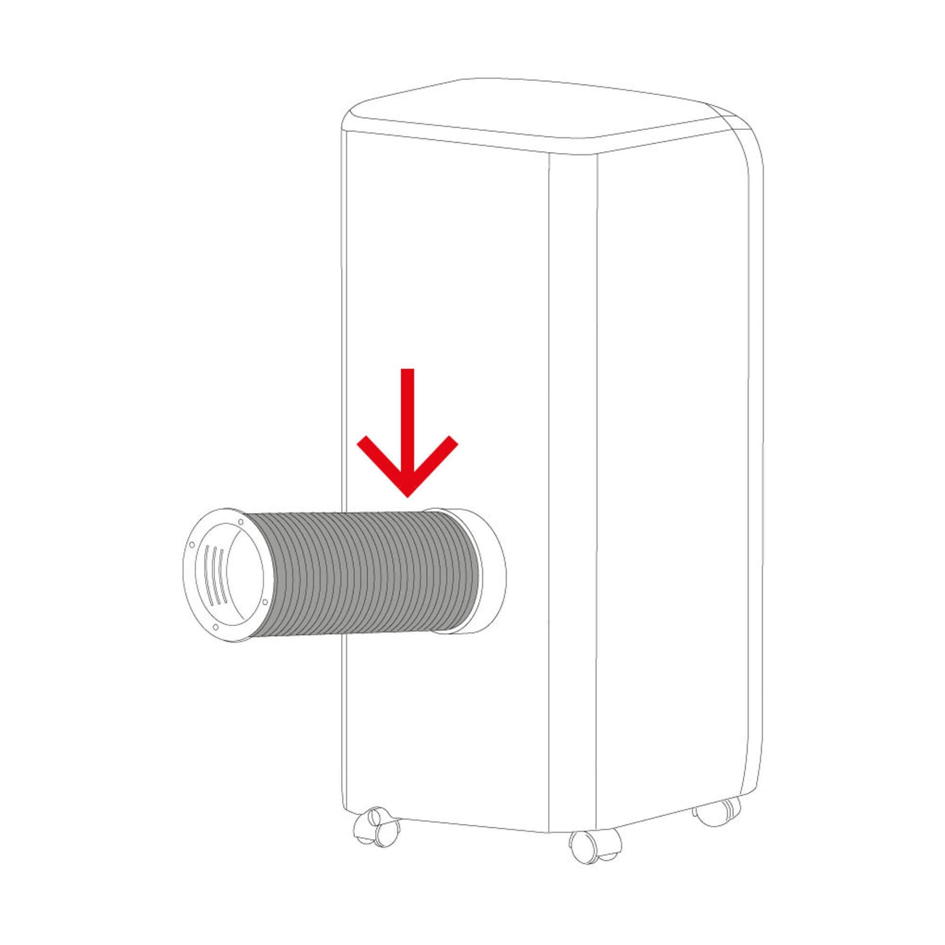 PAC 2000 X Abluftschlauch Illustration: Der Abluftschlauch wird an einem mobilen Klimagerät befestigt, mit rotem Pfeil markiert.