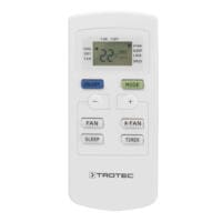 Weiße PAC 2010 E / PAC 2610 E Fernbedienung von Trotec. Steuert Kühlung, Lüfter, Schlafmodus und Timer für optimales Raumklima. Kompaktes Design.
