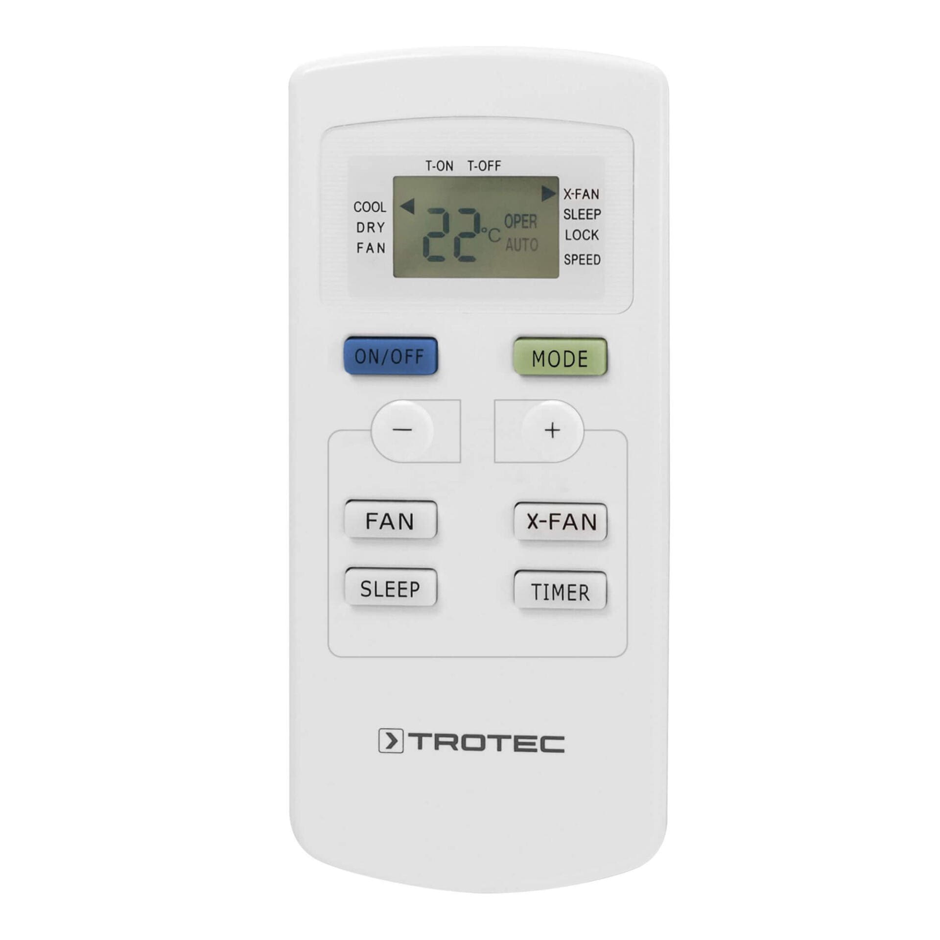 Weiße PAC 2010 E / PAC 2610 E Fernbedienung von Trotec. Steuert Kühlung, Lüfter, Schlafmodus und Timer für optimales Raumklima. Kompaktes Design.