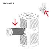 PAC 2010 S Abluftschlauch Detail: Illustration der Abluftschlauchinstallation an einem Klimagerät, um die warme Luft nach draußen zu leiten.