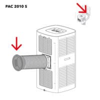 PAC 2010 S: Anschluss eines Schlauchs am Fenster zur Abluftführung. Schemazeichnung für mobile Klimaanlage mit Fensterabdichtung.