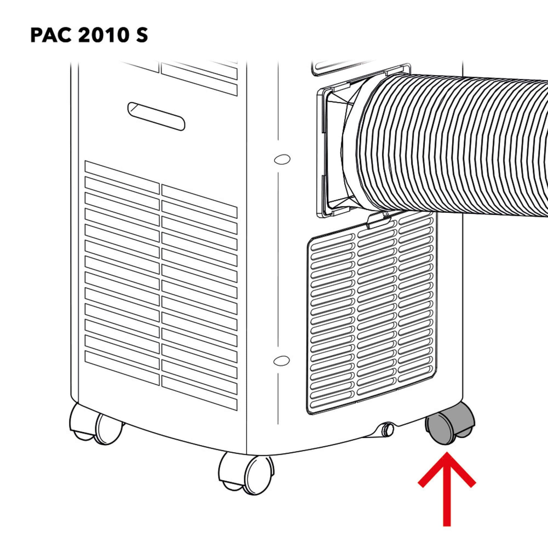 Illustration eines PAC 2010 S Klimageräts, Detailaufnahme der Räder mit rotem Pfeil. Mobile Kühlung für Komfort. PAC_2010_S_Rad_7600000527