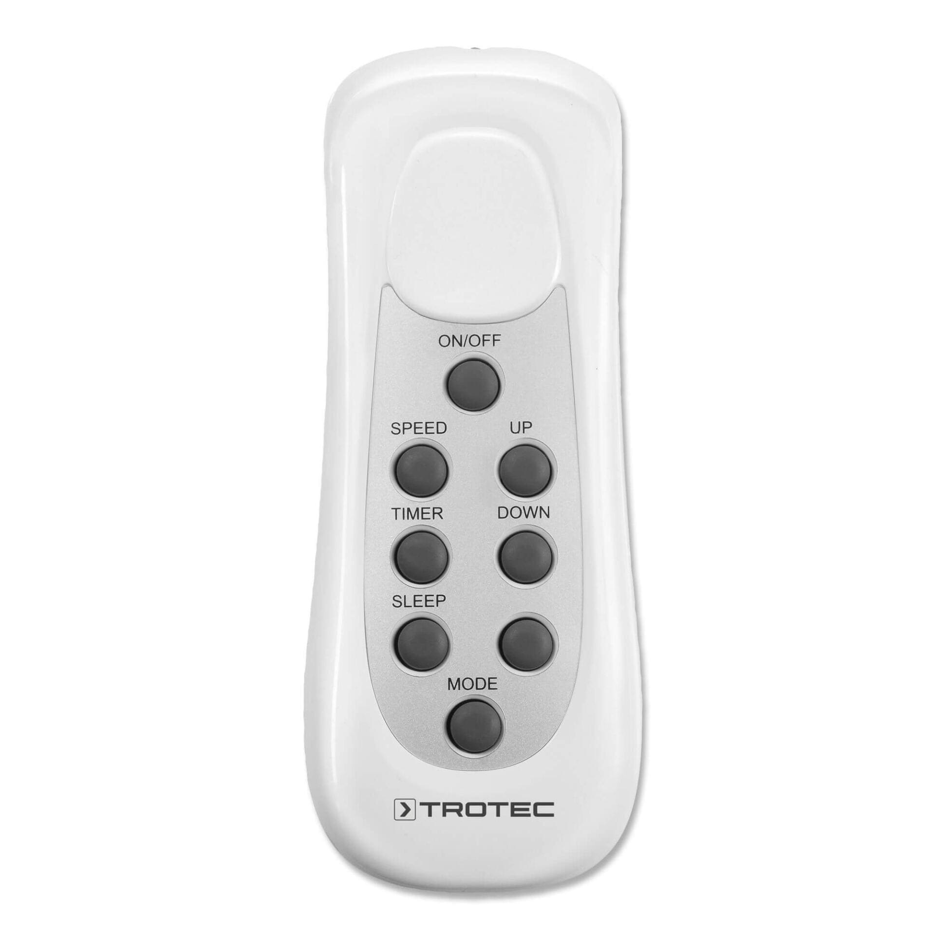 Weiße PAC 2010 X / PAC 2610 X Fernbedienung von Trotec. Steuerung für Klimaanlage mit Knöpfen für On/Off, Speed, Timer, Sleep und Mode.