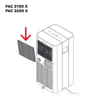 Illustr. PAC 2100 X, PAC 2300 X, PAC 2600 X Luftfilter. Roter Pfeil zeigt auf den entfernten Filter. Ideal für saubere Luft und einfache Wartung.