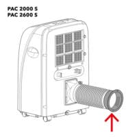 Illustration eines PAC 2600 S mobilen Klimageräts mit Düse und Fensteradapter. Ideal zur Kühlung. Duese_Fenster_7310001162 für Details.