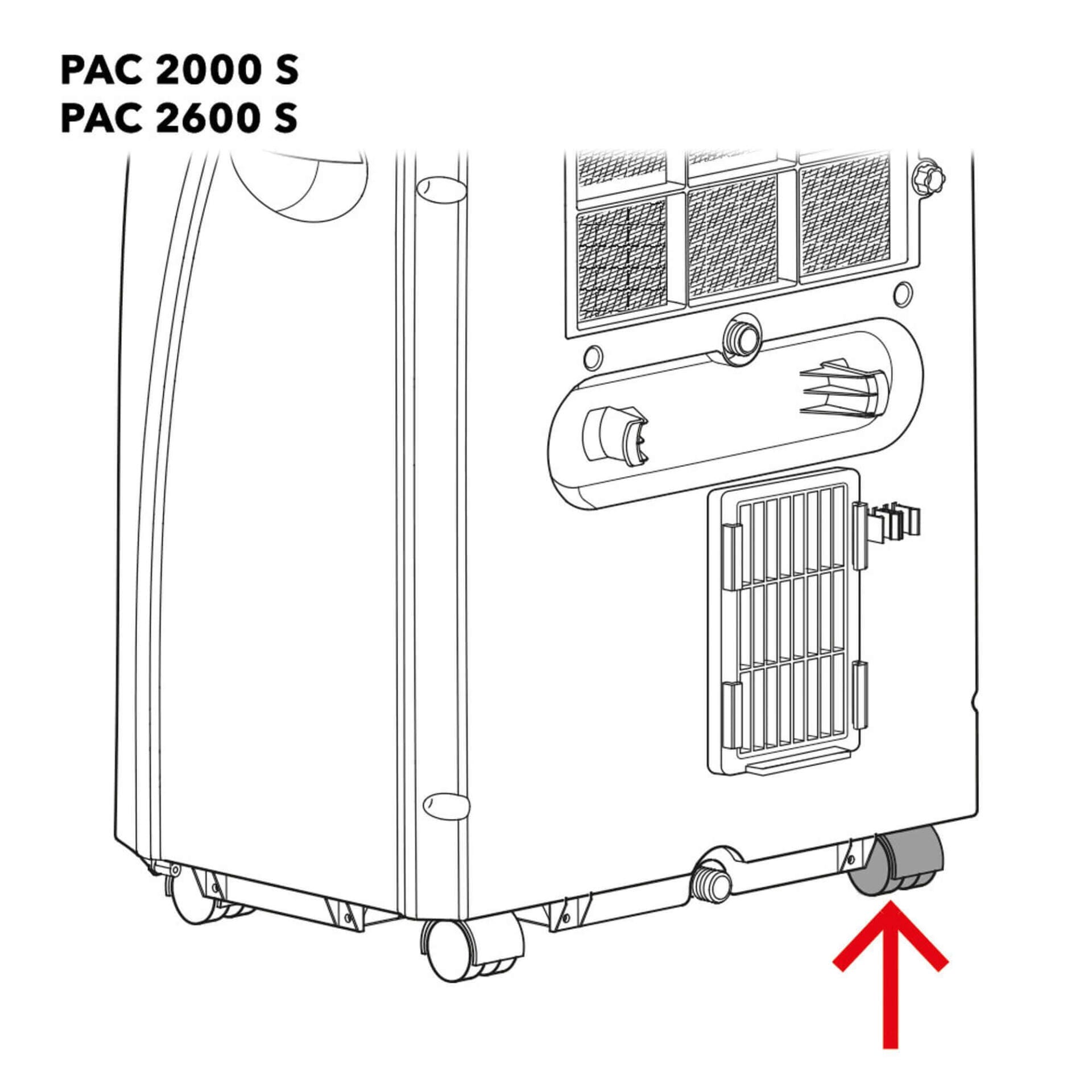 PAC 2600 S Rad Detail: Illustration einer mobilen Klimaanlage mit Fokus auf die Räder und deren Anbringung. Ideal für Anleitungen.