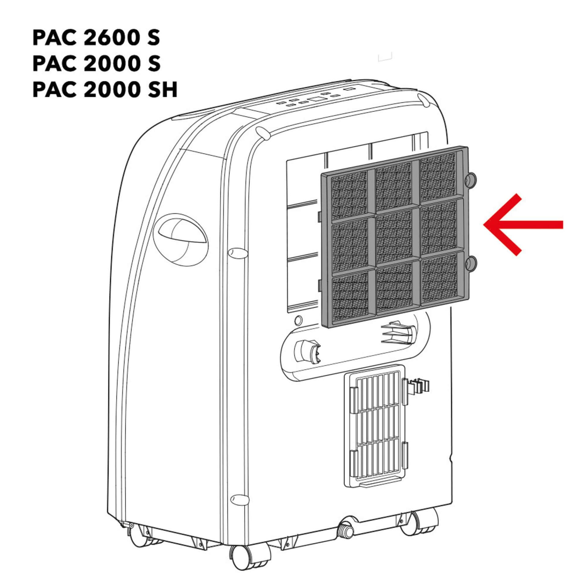 PAC 2600 S, PAC 2000 S, PAC 2000 SH Luftfilter Detail. Illustration zeigt Luftfilteraustausch für optimierte Leistung des Geräts.