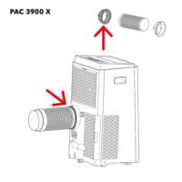 PAC 3900 X: Anschluss von Schlauch und Gerät illustriert. Die Montage des Abluftschlauchs ist für die optimale Kühlung wichtig.