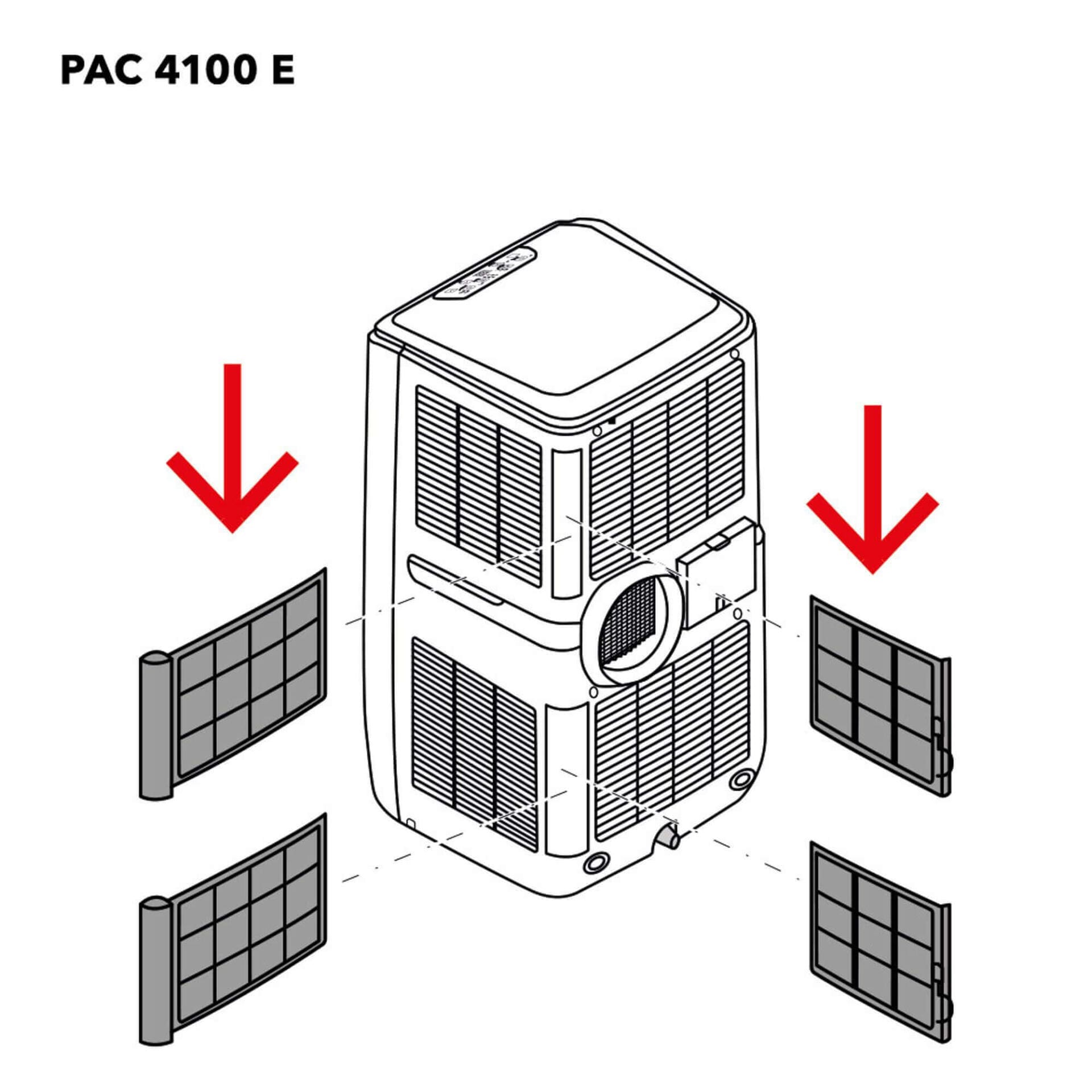 PAC 4100 E Luftfilter-Illustration: Die Filter werden mit roten Pfeilen in das Gerät eingesetzt. Ideal für saubere Luft und Komfort.