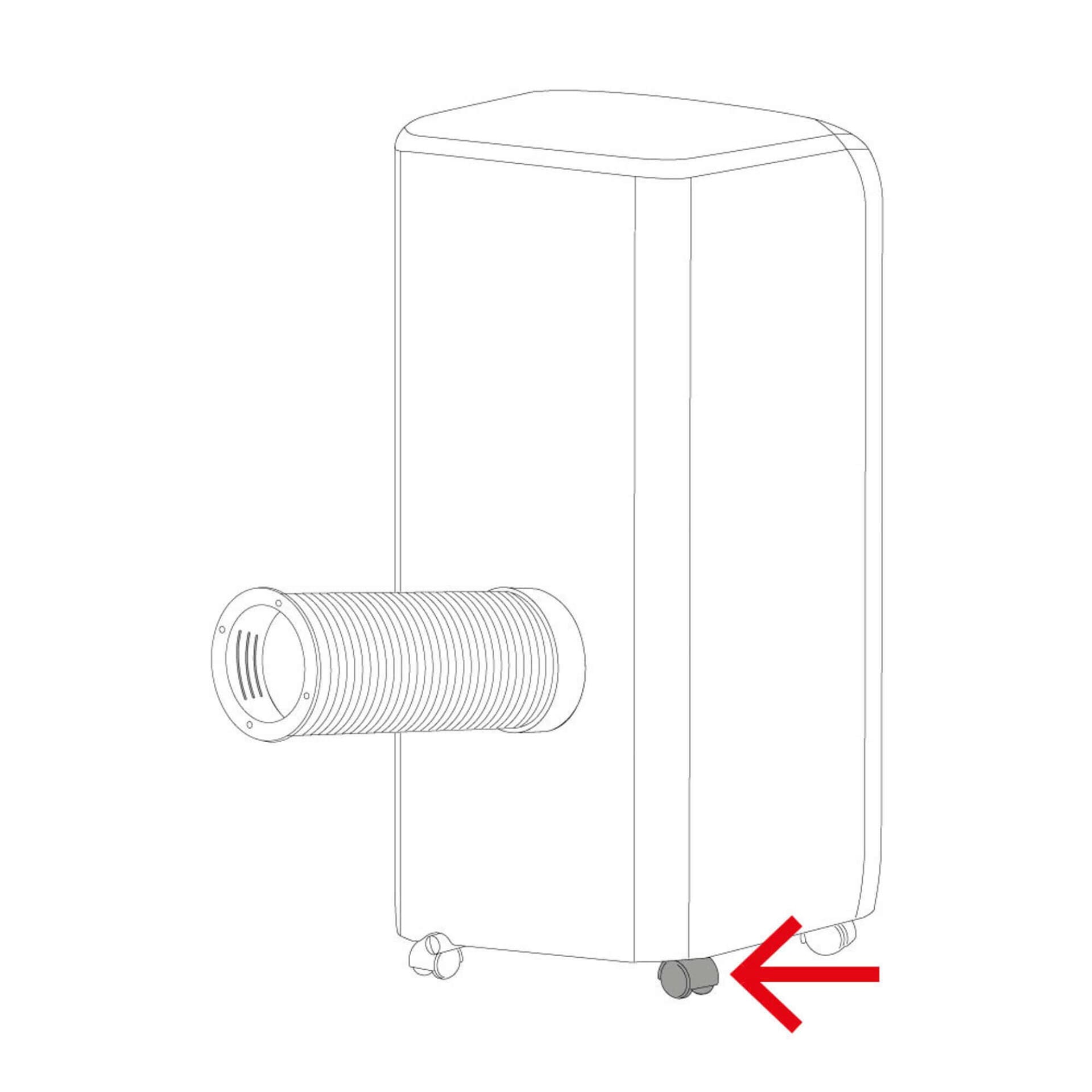 Illustration PAC 4400/4600 Rad: Detailansicht der Schlauchverbindung am mobilen Klimagerät, rote Markierung. Schemazeichnung für Montage.
