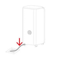 PAC 4600 Ablassschlauch-Illustration: Kondensatabfluss eines mobilen Klimageräts mit rotem Pfeil zur Ablaufrichtung. Schemazeichnung.