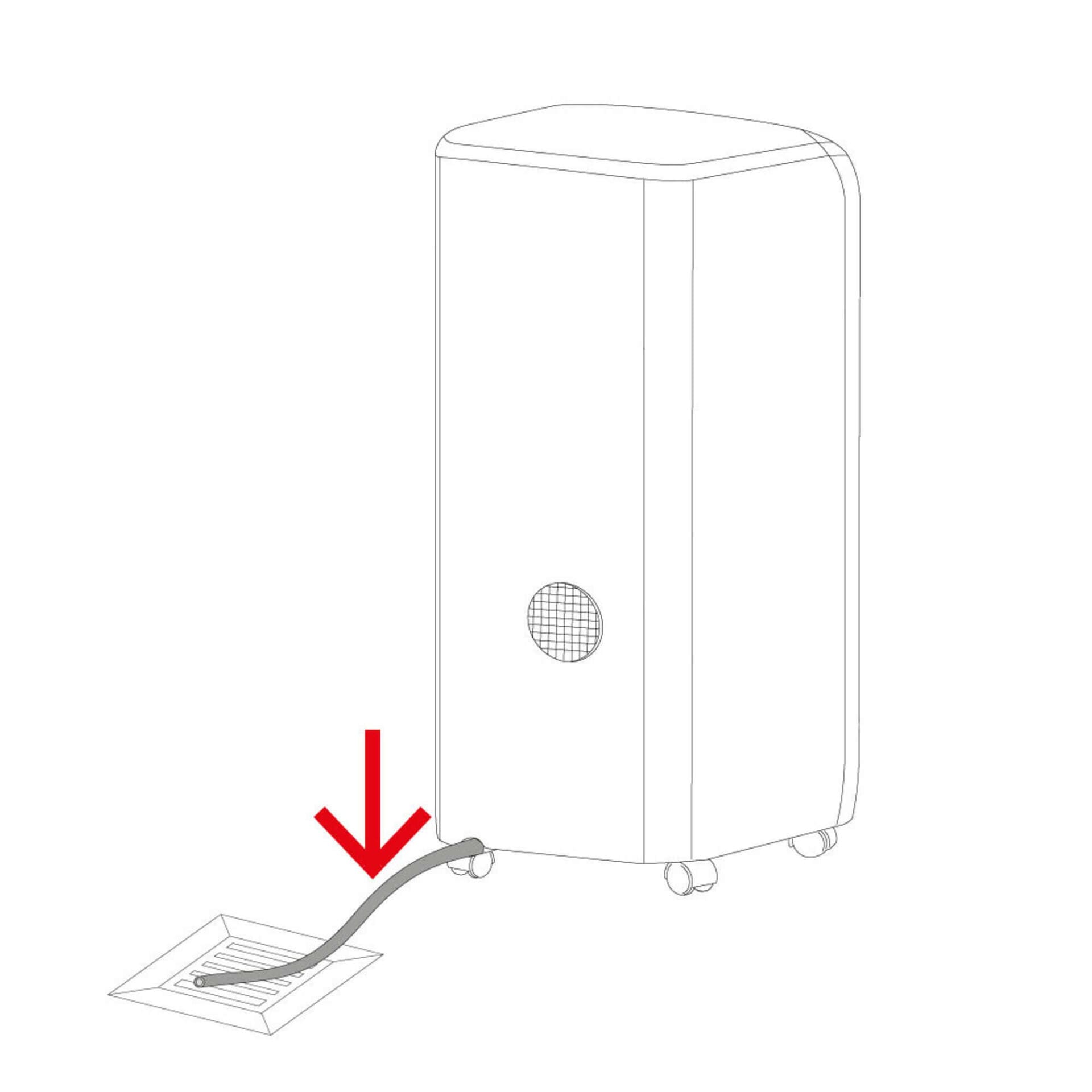PAC 4600 Ablassschlauch-Illustration: Kondensatabfluss eines mobilen Klimageräts mit rotem Pfeil zur Ablaufrichtung. Schemazeichnung.