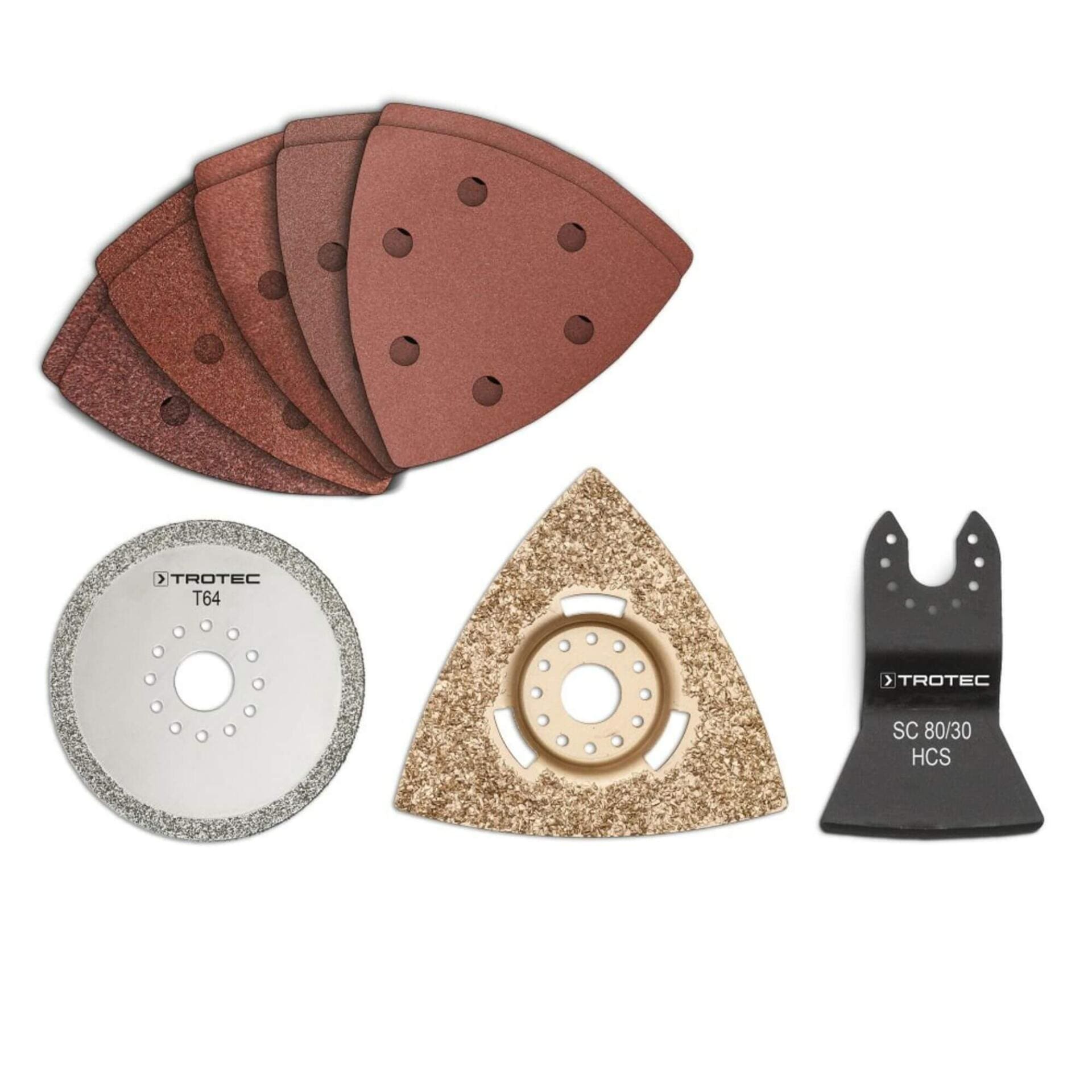 PMTS-Set 2 Badsanierung: Detailansicht verschiedener Schleif- und Trennwerkzeuge von Trotec, ideal für die professionelle Badsanierung. Hochwertig.