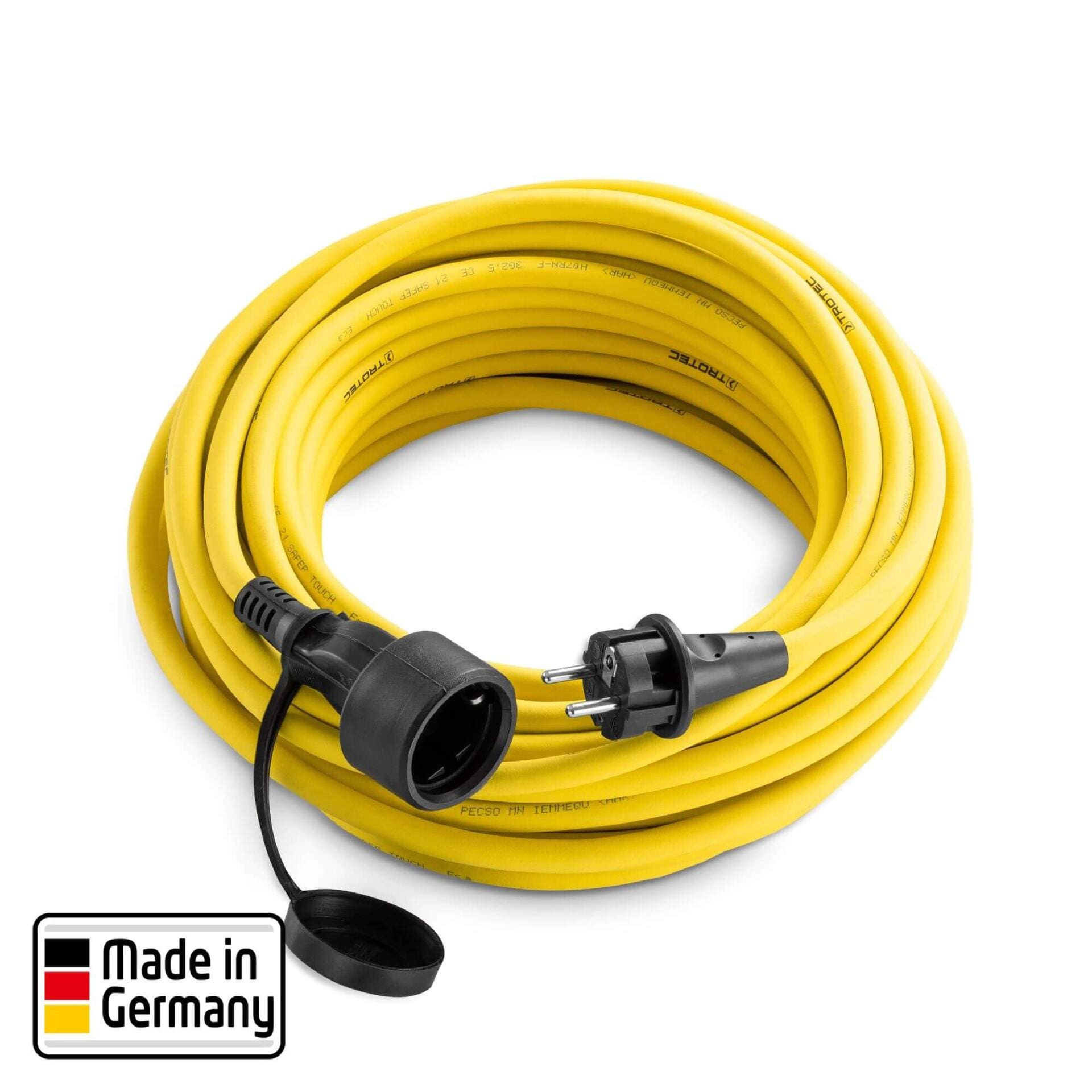 Gelbes Profi-Verlängerungskabel 20m, 230V, 2,5mm² von Trotec, aufgerollt. Stecker und Kupplung sind schwarz. Ideal für Baustellen und Werkstätten.