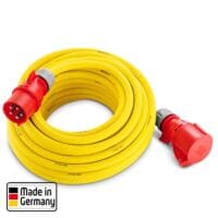 Gelbes Profi-Verlängerungskabel, 20 m, 400 V, 2,5 mm², mit rotem Stecker und Kupplung. Ideal für den professionellen Einsatz. Made in Germany.