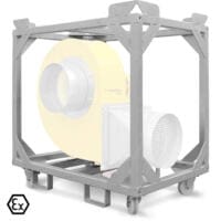 Rahmen für TFV 100 EX: Robuster Stahlrahmen auf Rollen, gelber Ventilator teilweise sichtbar. Ideal für sicheren Transport und Einsatz des TFV 100 EX.