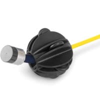 Nahaufnahme Rohrkamera VSP3041 mit Führungskugel. Detailaufnahme der Führungskugel, Teil der Rohrkamera für Inspektion. Schwarz und Gelb.