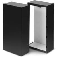 Zwei schwarze Schallkappen für TAC Hochleistungsluftreiniger. Eine Kappe geschlossen, die andere offen. Optimiert für beste Leistung. 6100007072