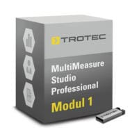 Software MultiMeasure Studio Pro Modul 1 für Lecko: Die Box mit der Software und ein USB-Stick mit dem Trotec Logo im Detail.