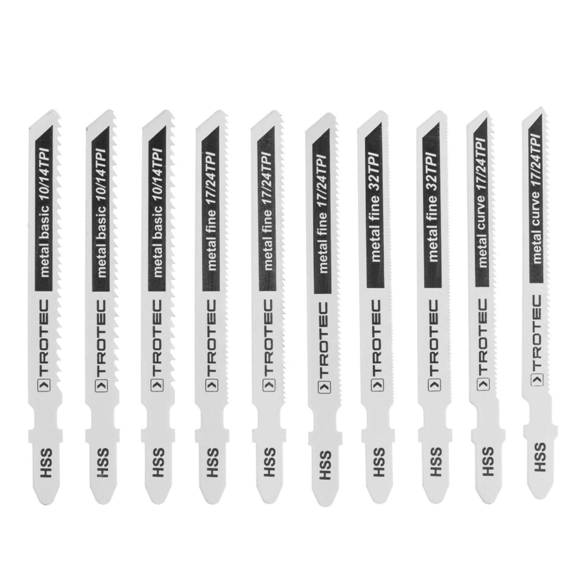 Stichsägeblätter Set Metall, 10-teilig: Verschiedene Sägeblätter für Metall von Trotec, Basic und Fine Ausführungen mit unterschiedlicher Zahnteilung.