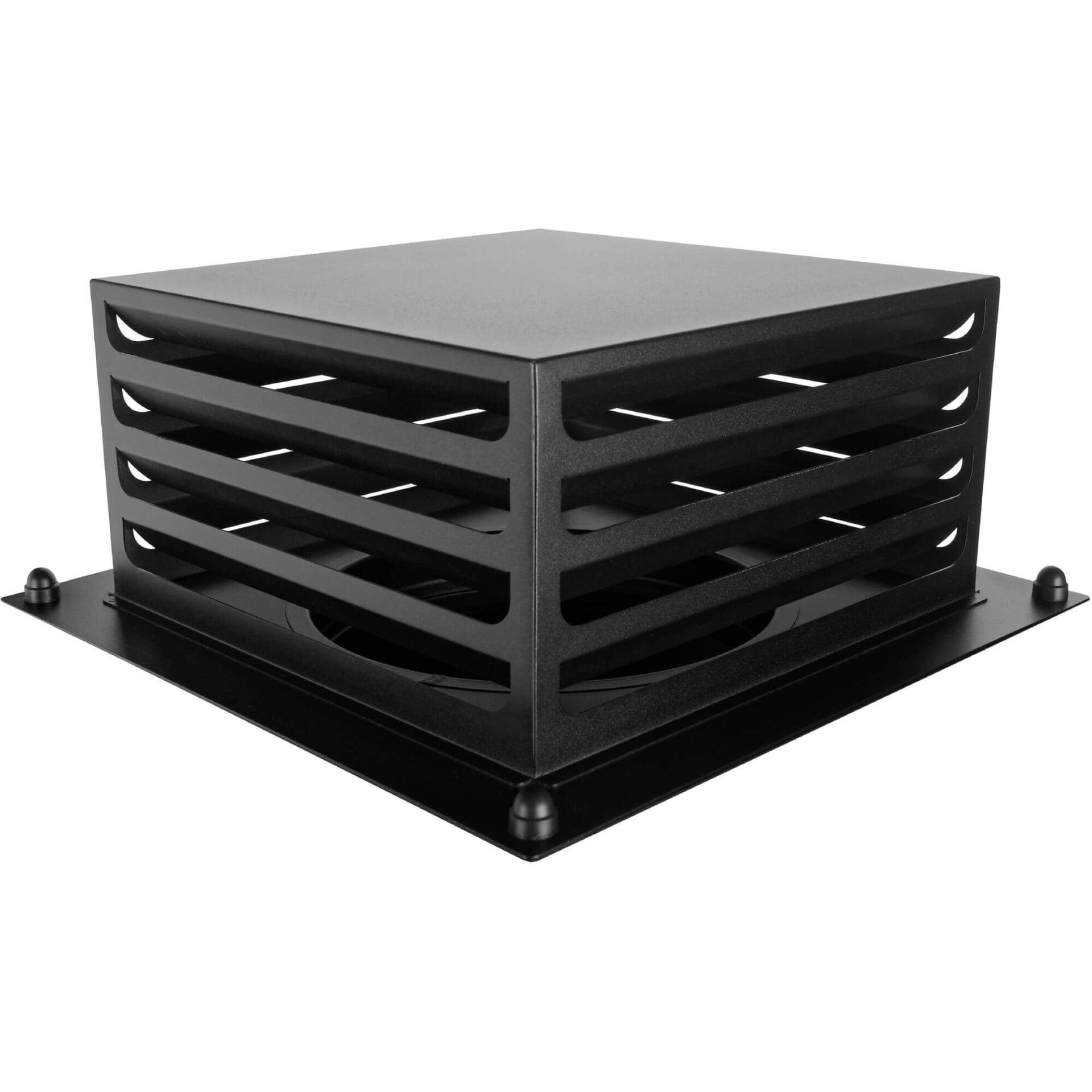 Schwarzer TES 200 TAC XT DualHeat Ausblasturm. Quadratischer Abluftturm mit Lamellen für optimale Wärmeableitung. Ideal für industrielle Anwendungen.