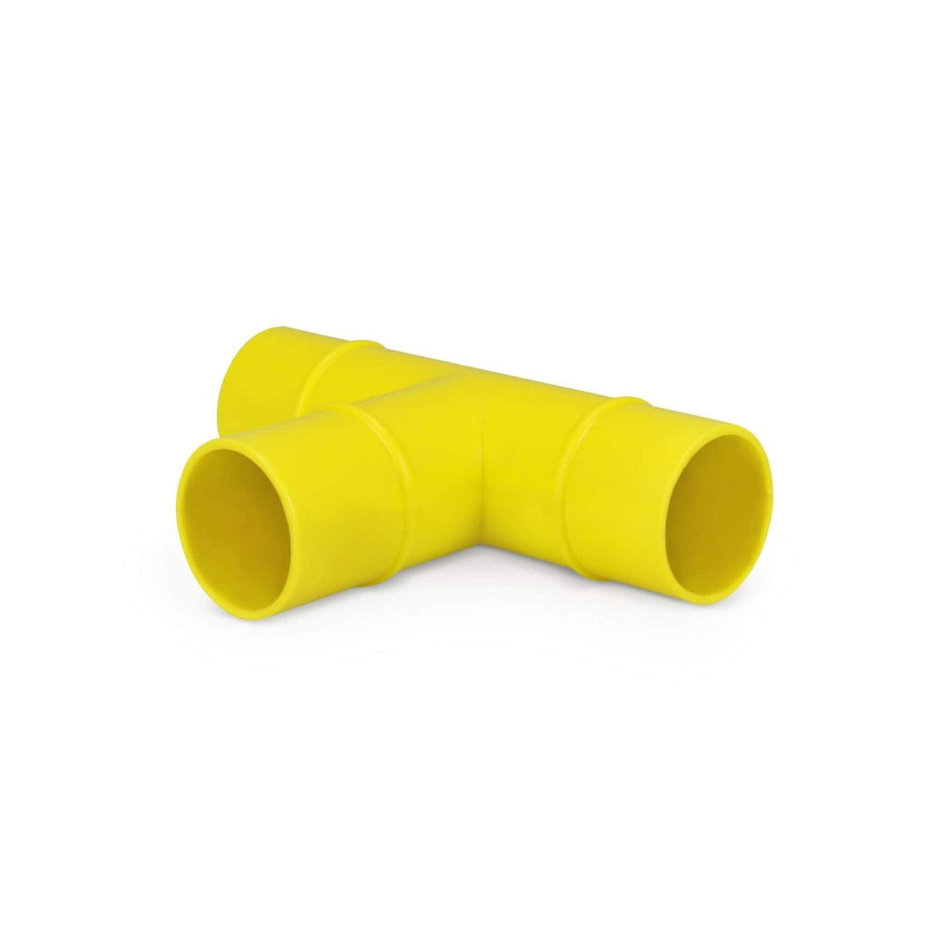 Gelber VQuick-T-Verteiler aus PVC für 38 mm Schlauch. Ideal für Teichbau und Bewässerungssysteme, robust und langlebig.