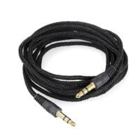 Schwarzes Verbindungskabel VX-DA zur Datenübertragung, gewendelt auf weißem Grund. Stecker goldfarben. Ideal für Audioanwendungen. Datenkabel.