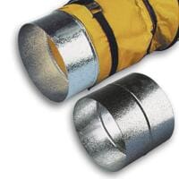 Verbindungsstutzen SP 203 mm: Detailaufnahme eines silbernen Metallrohr-Verbinders und eines gelben Luftschlauchs. Top Qualität für Ihre Lüftung!