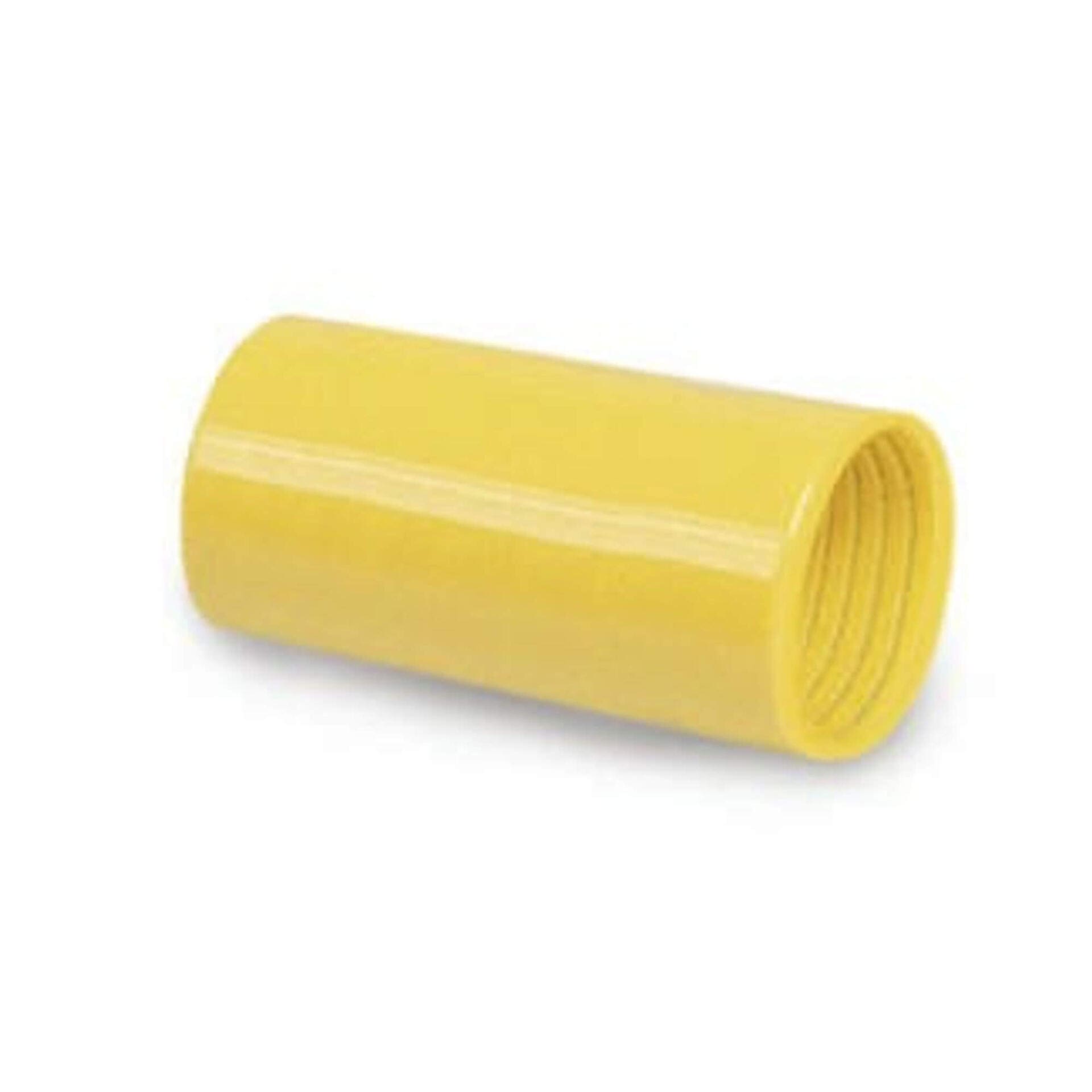 Gelber Verbindungsstutzen für 38 mm PVC Schlauch, 1er Pack. Ideal zur Verbindung von Schläuchen. Detailaufnahme des Schlauchverbinders.