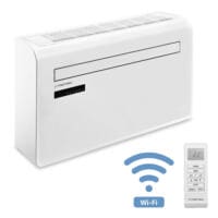 Weiße Trotec Wandklimaanlage PAC-W 2200 S WiFi mit Fernbedienung und WiFi-Symbol. Modernes Design für effiziente Kühlung und komfortable Steuerung.