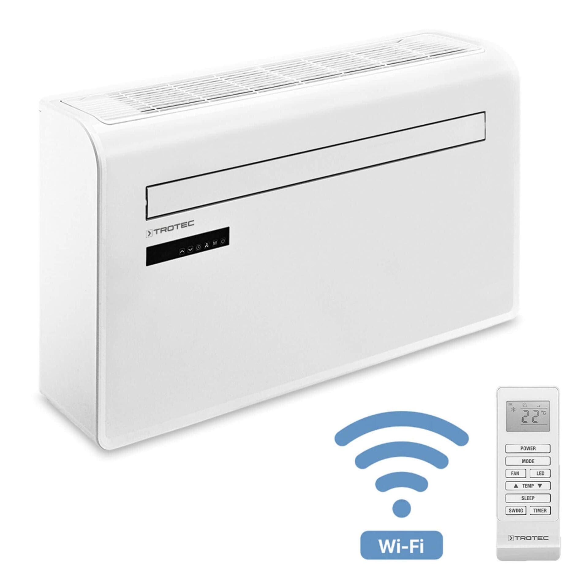 Weiße Trotec Wandklimaanlage PAC-W 2200 S WiFi mit Fernbedienung und WiFi-Symbol. Modernes Design für effiziente Kühlung und komfortable Steuerung.