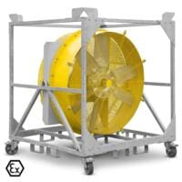 Gelbe TTW 100000 Ex Windmaschine in einem grauen Metallrahmen mit Rädern. Ideal für Industrie und Veranstaltungen. Hohe Luftleistung garantiert.
