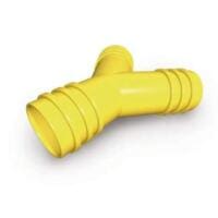 Gelber PVC Y-Verteiler mit Außengewinde für 38 mm Schläuche. Ideal für Pool, Teich oder Garten. Robuste Konstruktion für lange Lebensdauer.