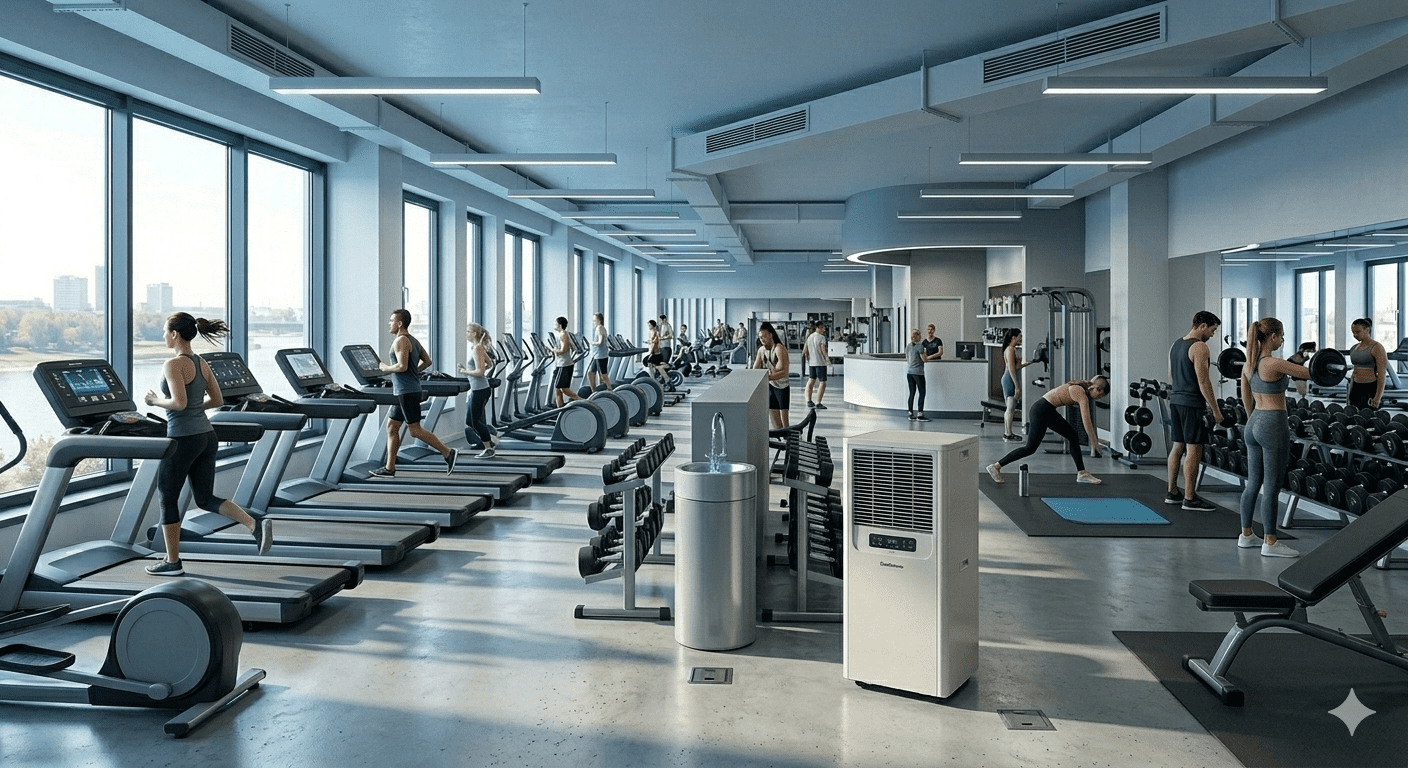 Klimagerät im Fitnessstudio mieten: Personen trainieren auf Laufbändern, Gewichte heben und ein mobiles Klimagerät sorgt für angenehme Kühle.