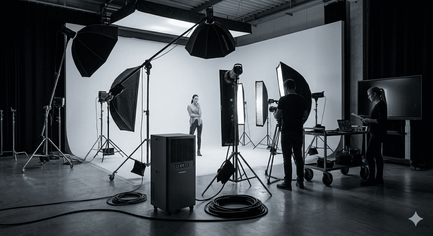 Fotostudio mit Klimagerät: Model, Fotograf und Assistent. Klimageräte mieten für optimale Bedingungen im Studio. Kühlung für Fotoshootings.