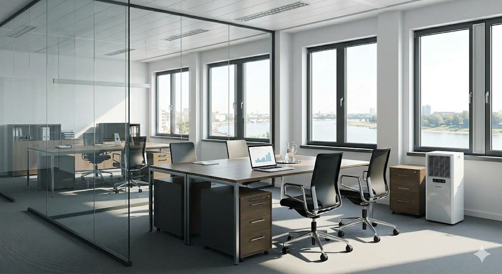 Büro mit Klimagerät zu vermieten. Klimaanlage sorgt für angenehmes Klima im Büro. Klimageraet_Buero zeigt moderne Büroräume mit Klimatisierung.