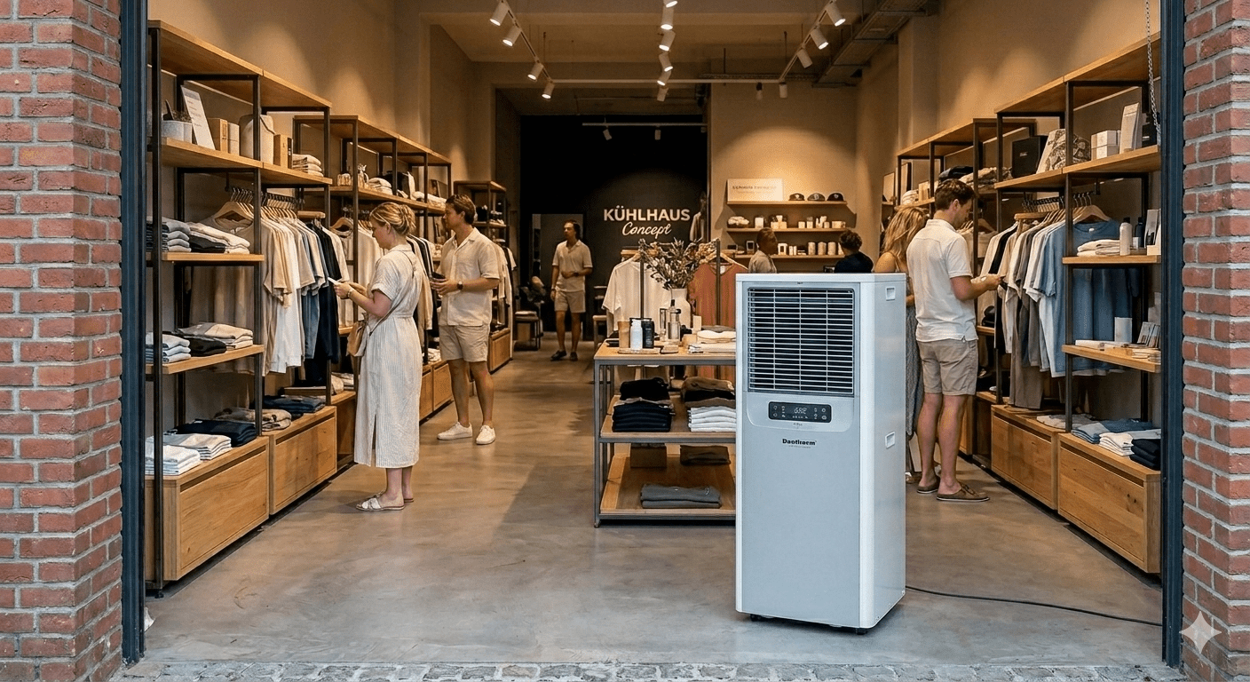 Klimagerät in Verkaufsfläche. Klimageräte mieten leicht gemacht. Optimale Kühlung für heiße Tage.