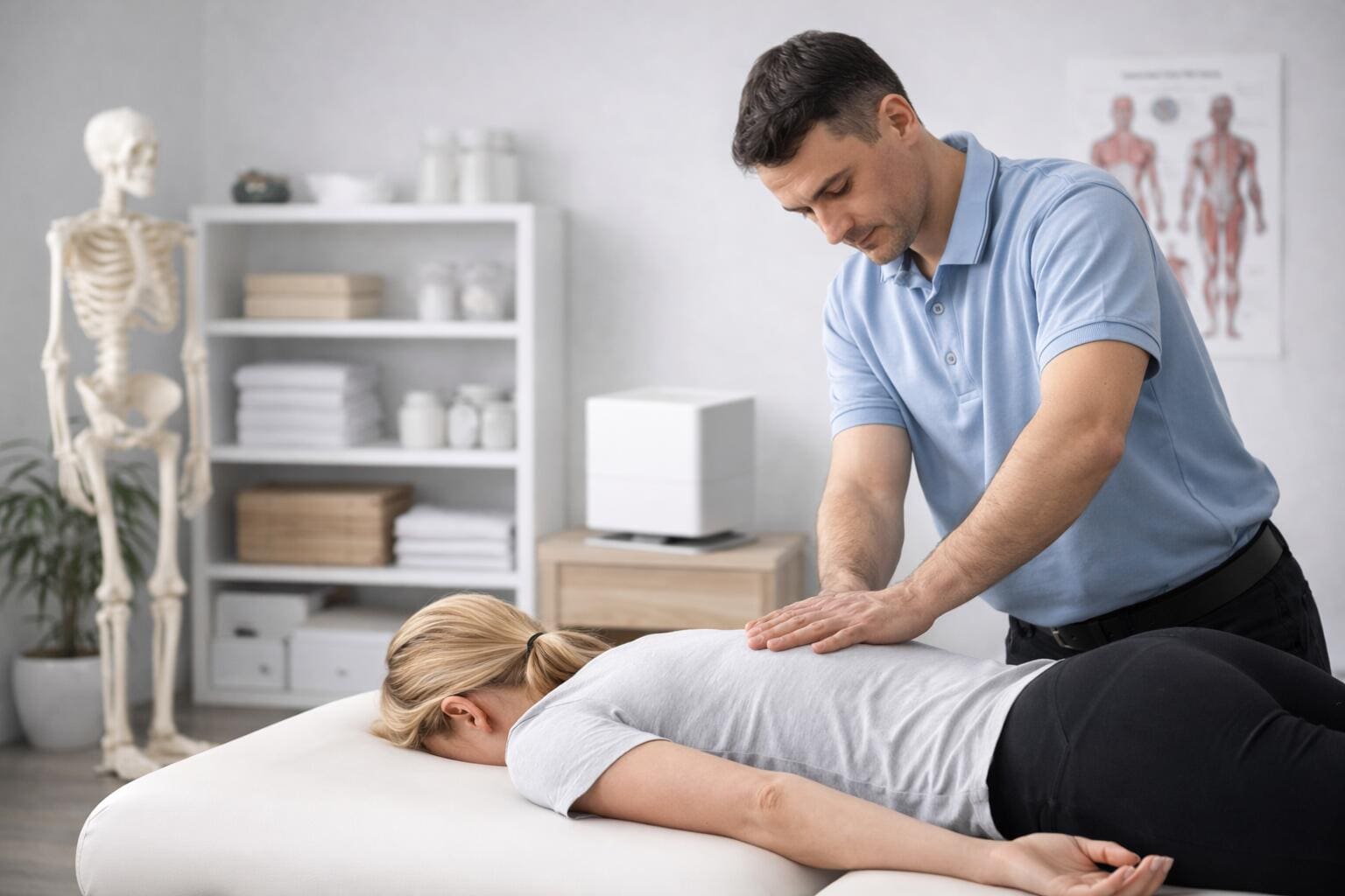 Luftbefeuchter in Arztpraxen: Therapeut massiert Patientin. Fokus auf Rückenbehandlung. Im Hintergrund Regal, Skelett, Luftbefeuchter sichtbar.