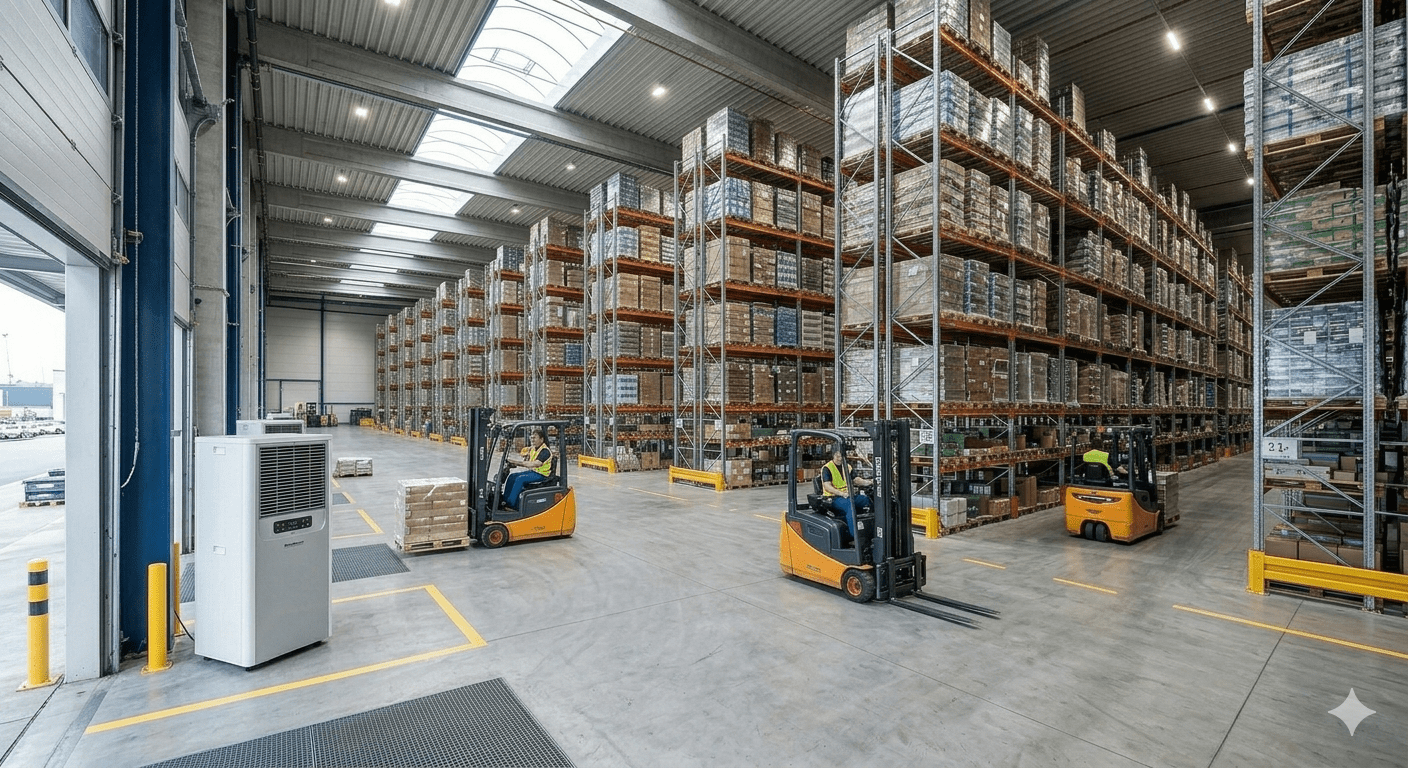 Klimageräte mieten: Lagerhalle mit Gabelstaplern und Klimagerät. Optimale Temperatur durch mobile Klimaanlagen für Lager und Logistik.