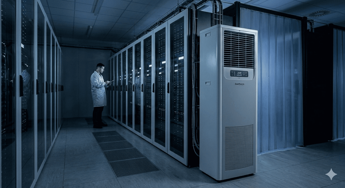 Klimagerät Serverraum mieten: Techniker prüft Klimaanlage in einem Serverraum mit Klimageräten. Perfekte Kühlung für Ihre IT-Infrastruktur.